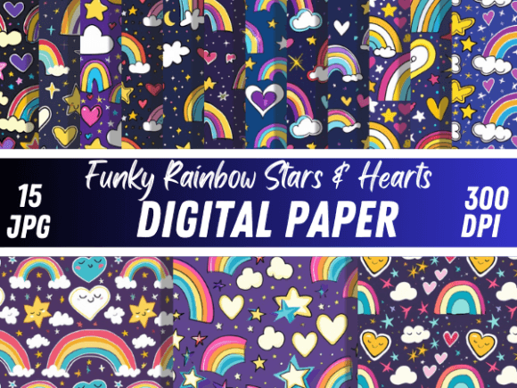 Download Funky Rainbow Stars Hearts Paper Pattern - Rainbow stars Collection